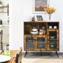 Costway Kitchen Side Cabinet Wooden Buffet Sideboard Cupboard W/ Tempered Glass Doors - thumbnail 5