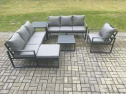 Fimous Aluminium 8 Seater Outdoor Garden Furniture Lounge Sofa Set With Square Coffee Table Chair Big Footstool Side Table - thumbnail 2