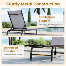 Costway Outdoor Chaise Lounge Chair Set Of 2 With Wheels 6-Position Recliner - thumbnail 6