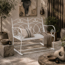 Wyld Haus Yomino Steel White 2-Seater Outdoor Rocking Garden Bench With Decorative Floral Backrest - thumbnail 1