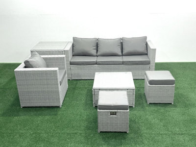 Fimous Garden Outdoor Furniture Set 6 Seater Rattan Sofa Set 2 Small Stools Armchair Side Table Light Grey - image 1