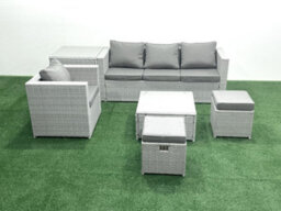 Fimous Garden Outdoor Furniture Set 6 Seater Rattan Sofa Set 2 Small Stools Armchair Side Table Light Grey - thumbnail 2