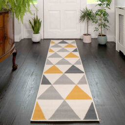 Loomed Yellow Ochre Grey Diamond Geometric Living Room Runner Rug 80X320Cm - thumbnail 2