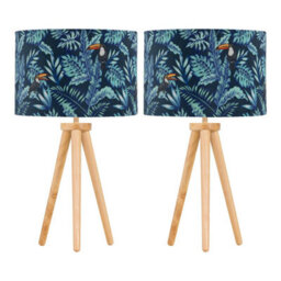 First Choice Lighting Set Of 2 Light Oak Table Lamp Bedside Lights With Toucan Velvet Shades - thumbnail 1