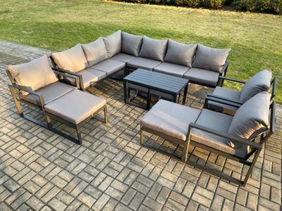 Fimous 13 Seater Aluminium Outdoor Garden Furniture Set Patio Lounge Sofa With Oblong Coffee Table Chair 2 Small Footstools