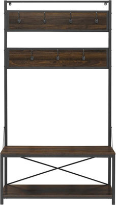 Simpa 2 Tier Dark Walnut Rustic Wood Hall Tree Coat Rack Shoe Bench Entry Organiser