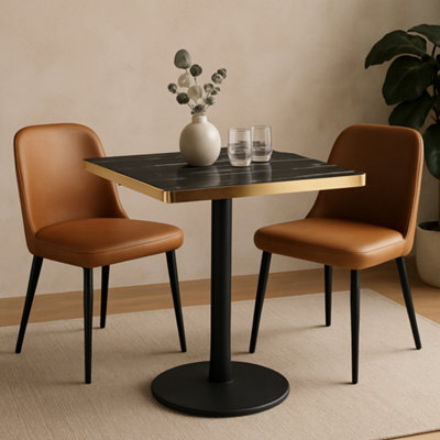 70Cm Square Black Marble Effect Bistro Table With Brushed Gold Edge & Round Pedestal Base Dining Table For Home, Cafe, Restuarant - image 1