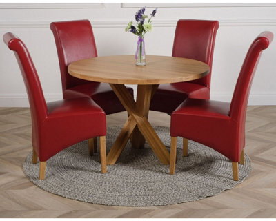 That's Furniture Oregon Round Oak Dining Table And 4 Chairs Dining Set With Montana Burgundy Leather Chairs - image 1