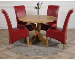 That's Furniture Oregon Round Oak Dining Table And 4 Chairs Dining Set With Montana Burgundy Leather Chairs
