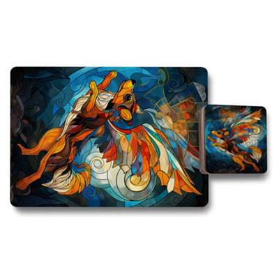 Benjamin Tate Design Designer Artwork Placemat Coaster Set With Wood Base 12 Piece Stained Glass Phoenix Collection - image 1
