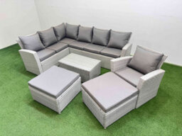 Fimous 9 Seater Garden Outdoor Pe Rattan Furniture Set Rattan Garden Sofa Set With 2 Big Footstools Light Grey Mixed - thumbnail 1