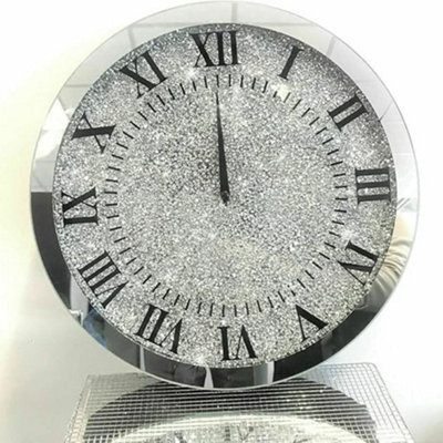 Biznest Large Round 45Cm Sparkly Silver Crushed Diamond Crystal Mirrored Wall Clock