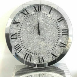 Biznest Large Round 45Cm Sparkly Silver Crushed Diamond Crystal Mirrored Wall Clock