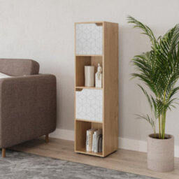 Urbn-Living Urbnliving 119Cm Height 4 Cubes Oak Wooden Bookcase Display Shelf Storage Cabinet With Modern Geo White Door - thumbnail 2