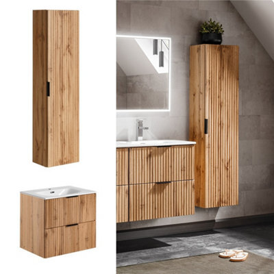 Impact Furniture Oak Bathroom Furniture Cabinets Set Floating Wall Hung Vanity 600mm Ceramic Sink Tall Storage Fluted Oak Adel - image 1