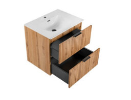 Impact Furniture Oak Bathroom Furniture Cabinets Set Floating Wall Hung Vanity 600mm Ceramic Sink Tall Storage Fluted Oak Adel - thumbnail 3