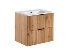 Impact Furniture Oak Bathroom Furniture Cabinets Set Floating Wall Hung Vanity 600mm Ceramic Sink Tall Storage Fluted Oak Adel - thumbnail 2