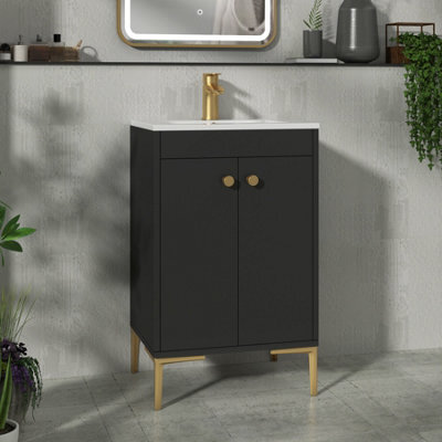Royal Bathrooms Verona 500mm Matt Black Floor Standing Bathroom Vanity Unit 2 Door With Mid-Edge Basin & Brushed Brass Knob - image 1