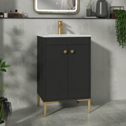 Royal Bathrooms Verona 500mm Matt Black Floor Standing Bathroom Vanity Unit 2 Door With Mid-Edge Basin & Brushed Brass Knob - thumbnail 1