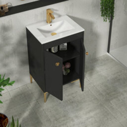 Royal Bathrooms Verona 500mm Matt Black Floor Standing Bathroom Vanity Unit 2 Door With Mid-Edge Basin & Brushed Brass Knob - thumbnail 5