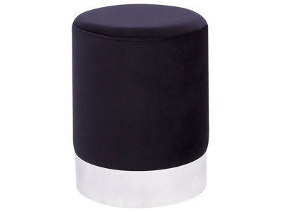 Wyld And Coco Black Velvet Pouffe With Silver Metallic Band, Round Compact Footstool W36 X D36 X H44Cm - image 1