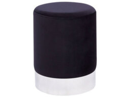 Wyld And Coco Black Velvet Pouffe With Silver Metallic Band, Round Compact Footstool W36 X D36 X H44Cm - thumbnail 1