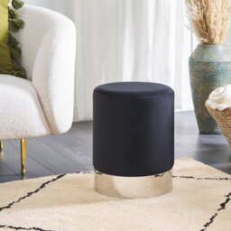Wyld And Coco Black Velvet Pouffe With Silver Metallic Band, Round Compact Footstool W36 X D36 X H44Cm - thumbnail 2