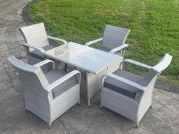 Fimous Light Grey Rattan Rectangular Dining Table And 4 Chairs Set Outdoor Garden Furniture Set With Seat Cushion - thumbnail 2