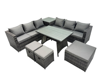 Fimous Outdoor Corner Sofa Dining Table Set Garden Rattan Furniture Set 9 Seater With Side Table 3 Stools Dark Grey - image 1