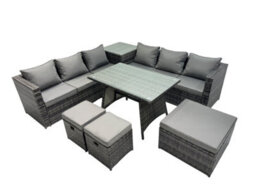 Fimous Outdoor Corner Sofa Dining Table Set Garden Rattan Furniture Set 9 Seater With Side Table 3 Stools Dark Grey - thumbnail 1