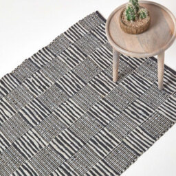 Homescapes Black & White Real Leather Handwoven Striped Block Check Rug, 120 X 180 Cm - thumbnail 1