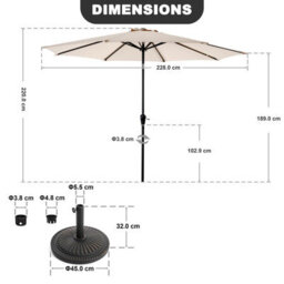 Avestar 228 Cm Round Aluminium Patio Parasol With Base, Crank Lift And Push Button Tilt, Beige And Black With Gold-Painted Edge - thumbnail 3