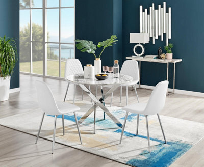 Furniturebox Uk Novara White Marble Round Dining Table & 4 White Corona Silver Chairs - image 1