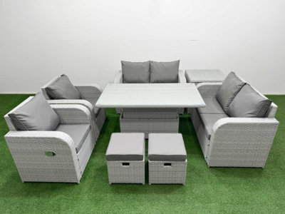 Fimous 8 Seater Outdoor Reclining Chair Love Sofa Set Rattan Garden Furniture Set Adjustable Lifting Table 2 Stools Side Table - image 1