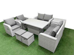 Fimous 8 Seater Outdoor Reclining Chair Love Sofa Set Rattan Garden Furniture Set Adjustable Lifting Table 2 Stools Side Table - thumbnail 2