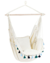 Wyld And Coco Hanging Hammock Chair Beige With Blue Cushioned Seat, Indoor Outdoor Boho Swing Chair - thumbnail 3