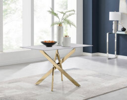 Furniturebox Uk Leonardo 4-Seater Dining Table With White Glass Marble Effect Top And Gold Legs