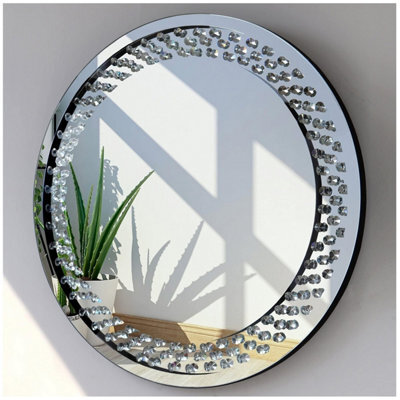 60Cm Floating Jewelled Round Wall Mirror Crystal Diamond