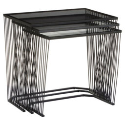 Orsina Set Of Three Grey Glass Top Black Side Table With Openwire Frame, Black Bedside Tables For Living Room - thumbnail 2