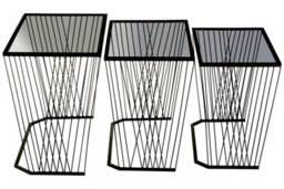 Orsina Set Of Three Grey Glass Top Black Side Table With Openwire Frame, Black Bedside Tables For Living Room - thumbnail 3