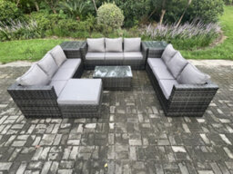 Fimous 10 Seater Outdoor Lounge Sofa Set Wicker Pe Rattan Garden Furniture Set With Oblong Coffee Table 2 Side Tables - thumbnail 2
