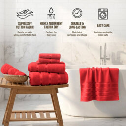 Casabella Towels Set, 8 Pc Towels For Bathroom, 100% Cotton, 2 Bath Towels, 2 Hand Towels, 4 Face Cloth, Red - thumbnail 4