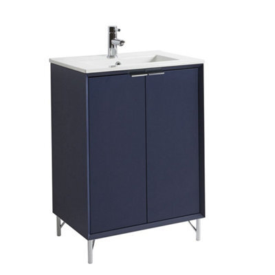 Homestylestore Navy Blue 610mm Bathroom Vanity Unit With Basin And Chrome Finger Pull Handle - image 1
