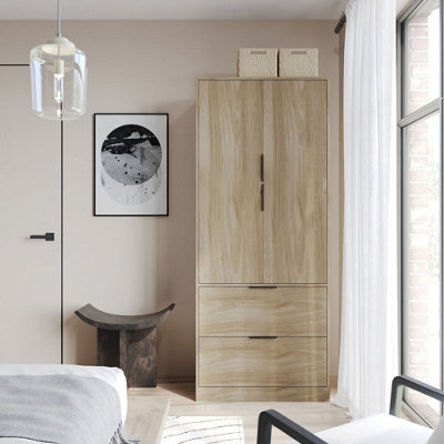 Urbn-Living Urbnliving 179Cm Height 2 Door 2 Drawer Minimalist Bedroom Oak Wardrobe Storage & Hanging Rail - image 1