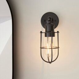 FNX Bathrooms Matt Black Caged Industrial Wall Light With Pull Switch, Ip44 Bathroom Rated, E27 Led Compatible