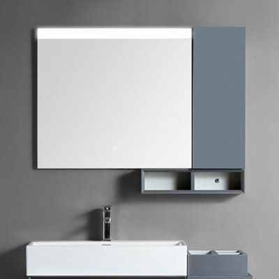 Homestylestore Black Grey Wall Mounted Waterproof Led Bathroom Mirror, Side Cabinet And Open Shelf 1000 X 680mm - image 1