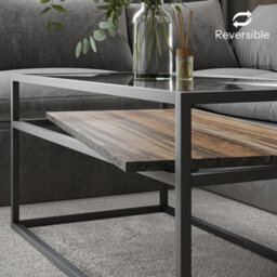 Urbn-Living Urbnliving Height 45Cm Black Stone Colour Glass Display Top Coffee Table With Steel Frame Reversible Wooden Storage Shelf - thumbnail 4
