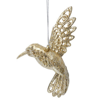 Gisela Graham Christmas Gold Sparkly Hummingbird Resin Hanging Tree Decoration, 9 X 12 Cm, Silver Twine