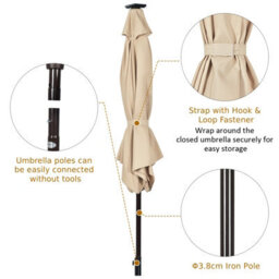 Costway 2.7M Outdoor Parasol 18 Solar Power Led Lights Patio Umbrella With Tilt Crank Handle Beige - thumbnail 8