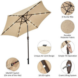 Costway 2.7M Outdoor Parasol 18 Solar Power Led Lights Patio Umbrella With Tilt Crank Handle Beige - thumbnail 9